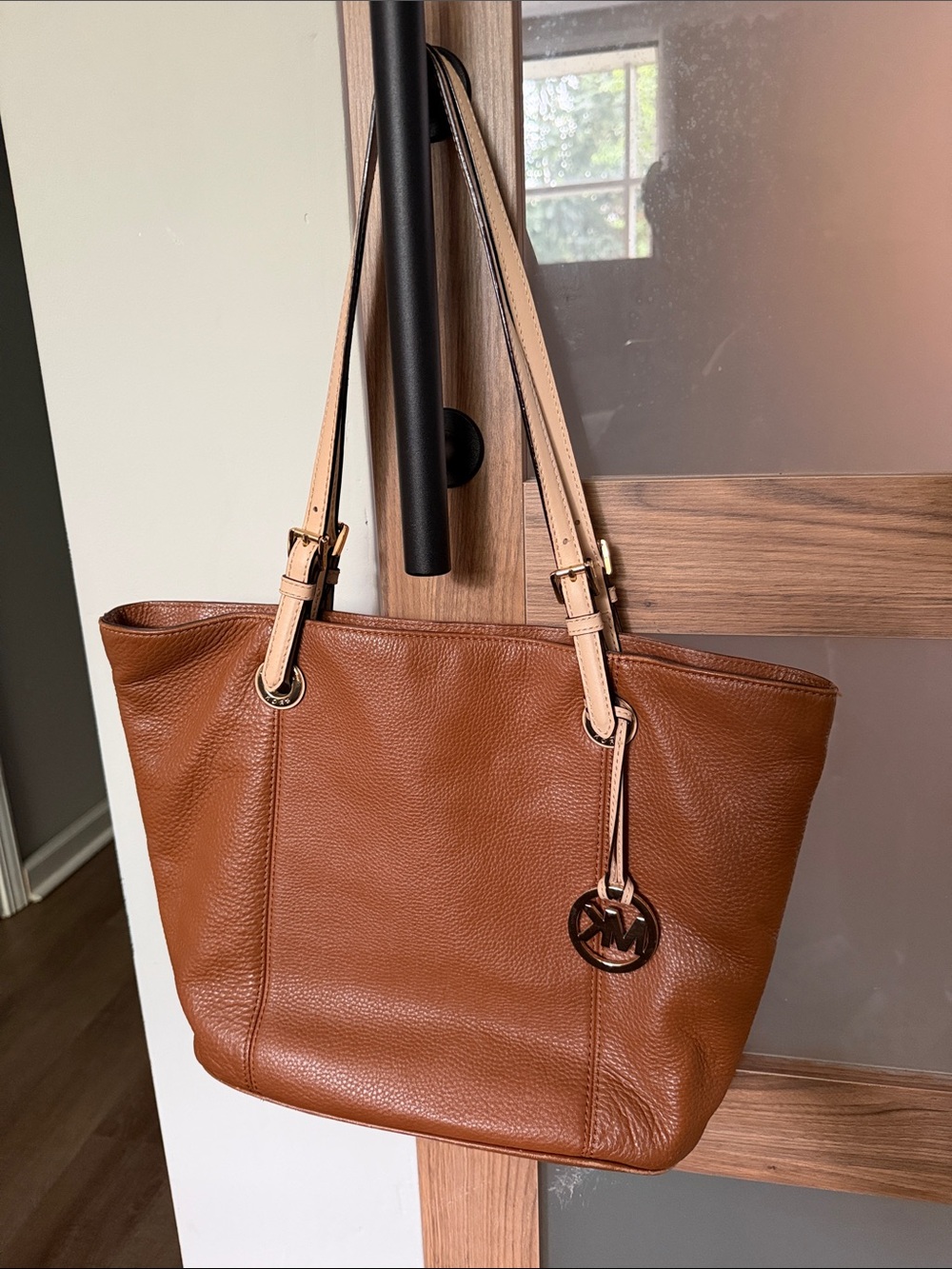 Michael Kors Cognac Leather Tote with Beige Straps and Gold MK Charm